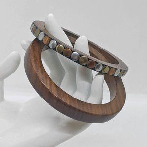 Wood Wooden Bangle Bracelets Studded Copper Brass & Silver Tone Boho